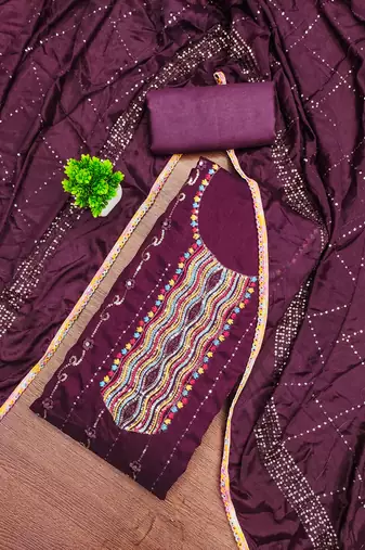 Women's purple embroiderd vichitra silk dress material