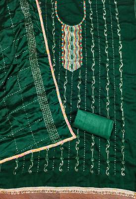 Women's green embroiderd vichitra silk dress material 2