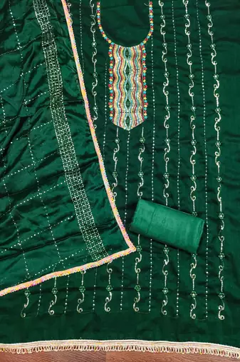 Women's green embroiderd vichitra silk dress material