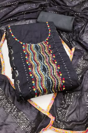 Women's black unstitched embroiderd vichitra silk dress material 