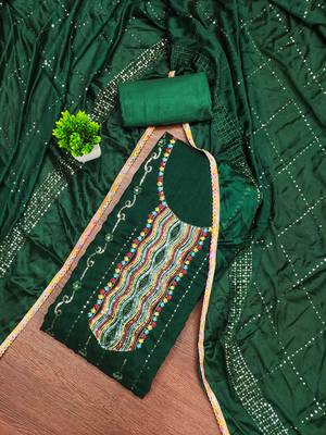 Women's green embroiderd vichitra silk dress material 3