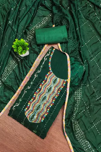Women's green embroiderd vichitra silk dress material