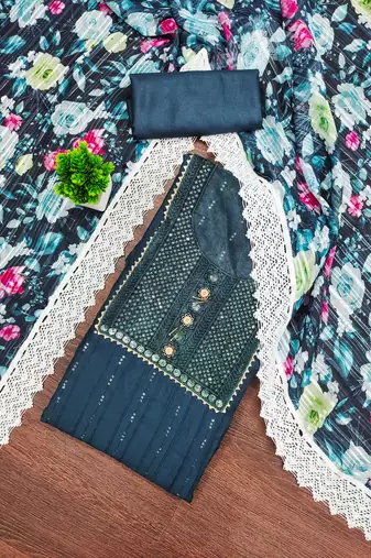 Women's teal blue unstitched embroiderd roman silk dress material 
