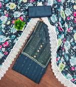 Women's teal blue embroiderd roman silk dress material