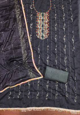 Women's black embroiderd vichitra silk dress material 2