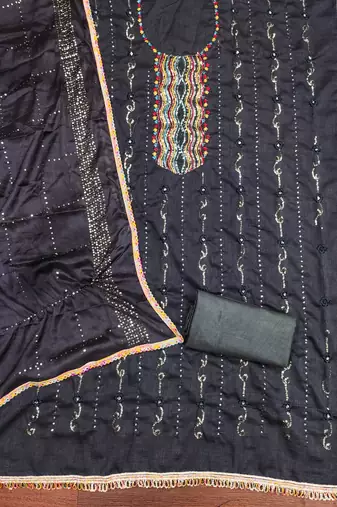 Women's black embroiderd vichitra silk dress material