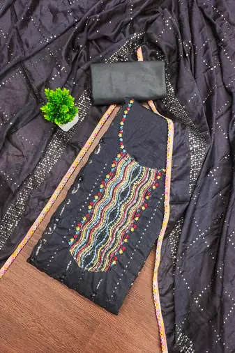 Women's black embroiderd vichitra silk dress material