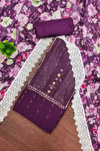 Women's purple unstitched embroiderd roman silk dress material 