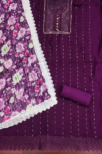 Women's purple embroiderd roman silk dress material