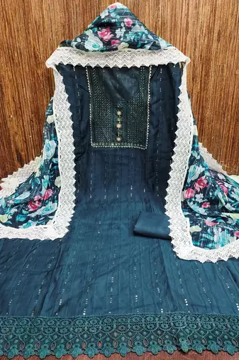 Women's teal blue embroiderd roman silk dress material