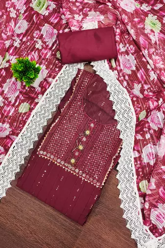 Women's maroon unstitched embroiderd roman silk dress material 