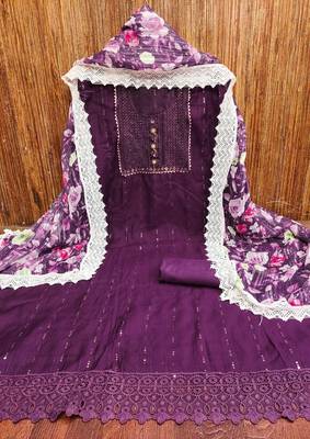 Women's purple embroiderd roman silk dress material 3