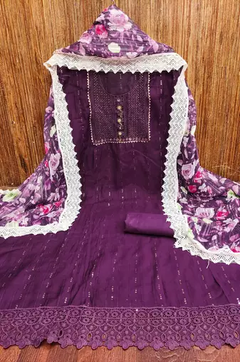 Women's purple embroiderd roman silk dress material