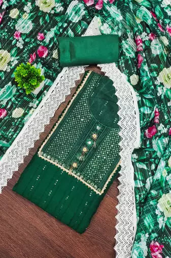 Women's green unstitched embroiderd roman silk dress material 