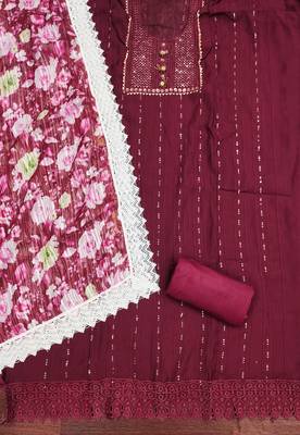 Women's maroon embroiderd roman silk dress material 2