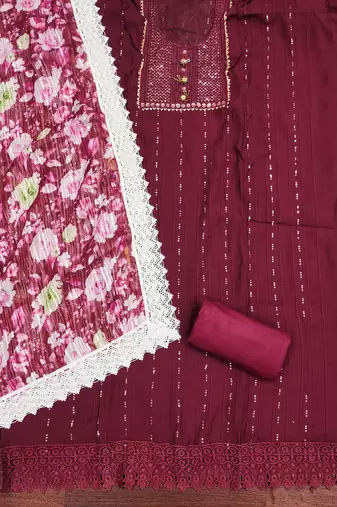Women's maroon embroiderd roman silk dress material