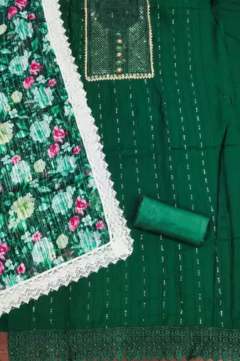 Women's green embroiderd roman silk dress material