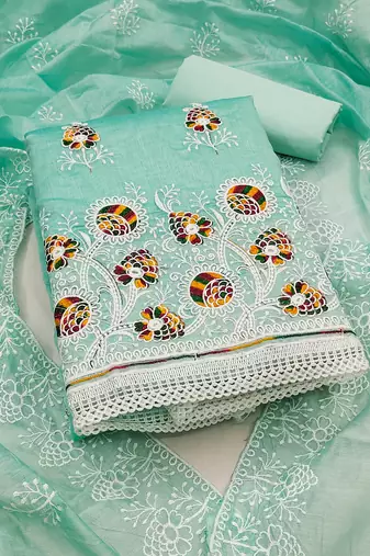 Women's sea green unstitched embroiderd chanderi cotton dress material 