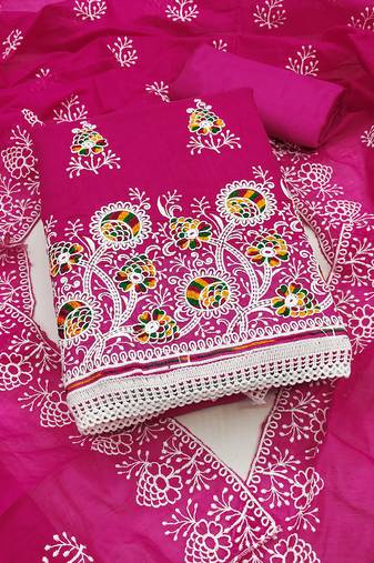 Women's magenta unstitched embroiderd chanderi cotton dress material 