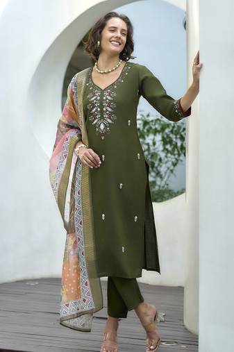 Women's Gorgeous Vatican Embroidery Straight Kurta with Pant And Dupatta Set