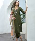 Women's Gorgeous Vatican Embroidery Straight Kurta with Pant And Dupatta Set