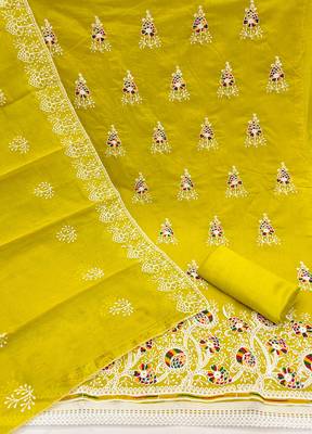 Women's light green embroiderd chanderi cotton dress material 2