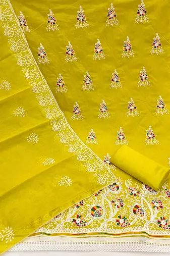 Women's light green embroiderd chanderi cotton dress material