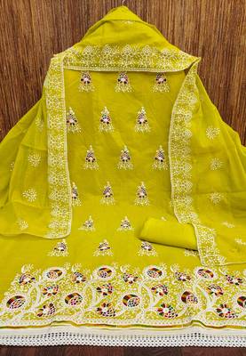 Women's light green embroiderd chanderi cotton dress material 3