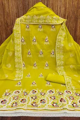 Women's light green embroiderd chanderi cotton dress material