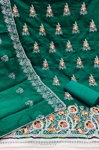 Women's green embroiderd chanderi cotton dress material
