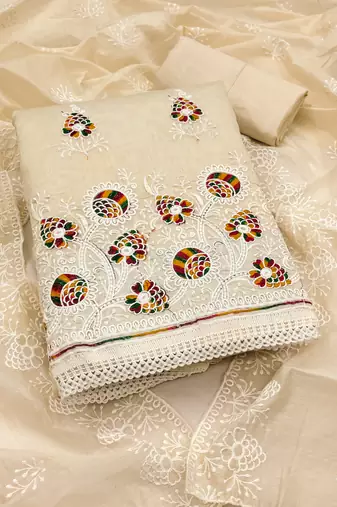 Women's beige unstitched embroiderd chanderi cotton dress material 