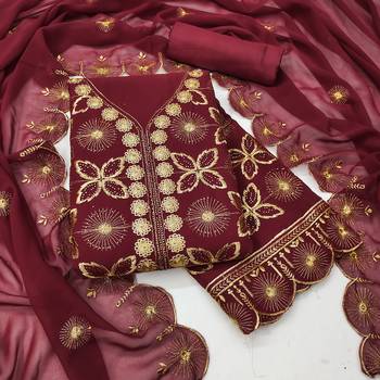 Women's maroon embroiderd georgette dress material 1