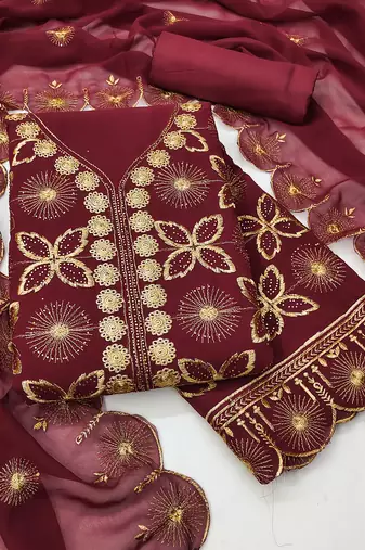Women's maroon unstitched embroiderd georgette dress material 