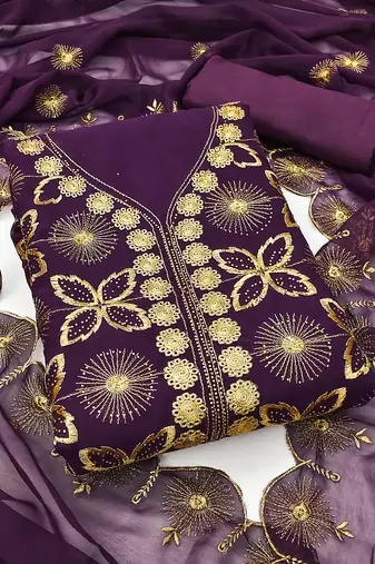 Women's purple embroiderd georgette dress material