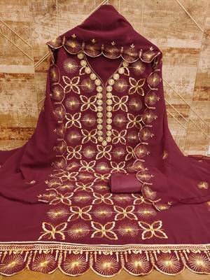 Women's maroon embroiderd georgette dress material 2