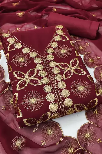Women's maroon embroiderd georgette dress material