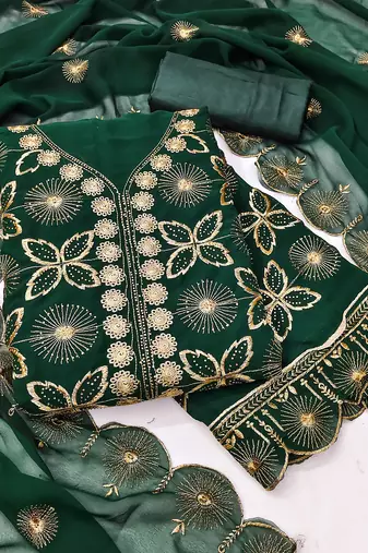 Women's green unstitched embroiderd georgette dress material 