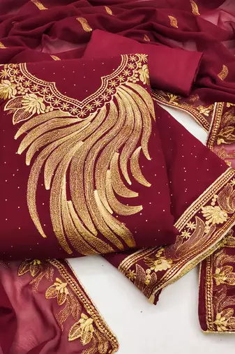 Women's maroon unstitched embroiderd georgette dress material 