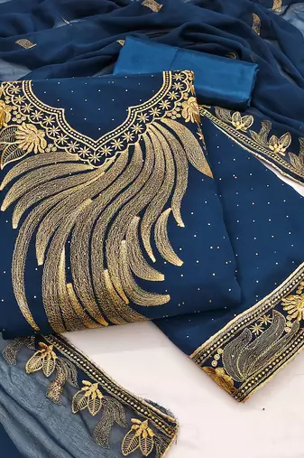 Women's blue unstitched embroiderd georgette dress material 