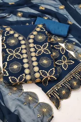 Women's blue unstitched embroiderd georgette dress material 