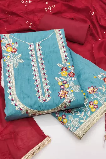 Women's sky blue unstitched embroiderd jalpari cotton dress material 