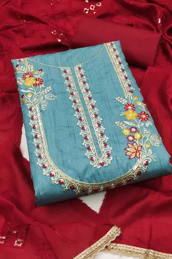 Women's sky blue embroiderd jalpari cotton dress material