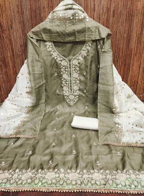 Women's olive green embroiderd jalpari cotton dress material 2