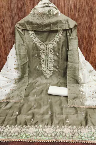 Women's olive green embroiderd jalpari cotton dress material