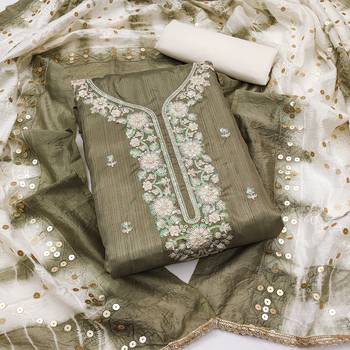 Women's olive green embroiderd jalpari cotton dress material 3