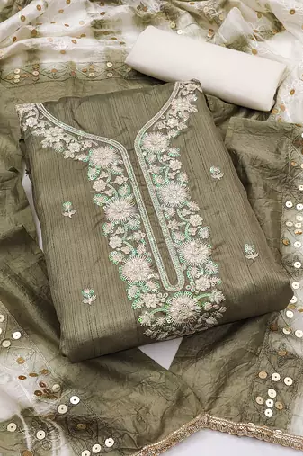 Women's olive green embroiderd jalpari cotton dress material