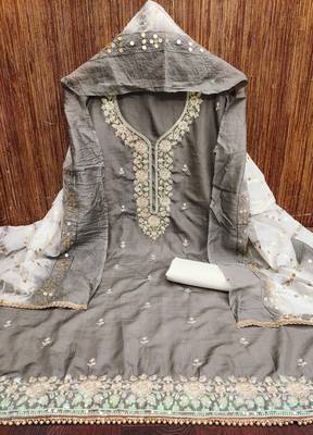 Women's grey embroiderd jalpari cotton dress material 2