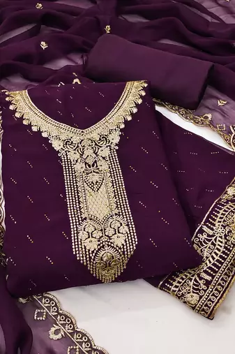 Women's purple unstitched embroiderd georgette dress material 