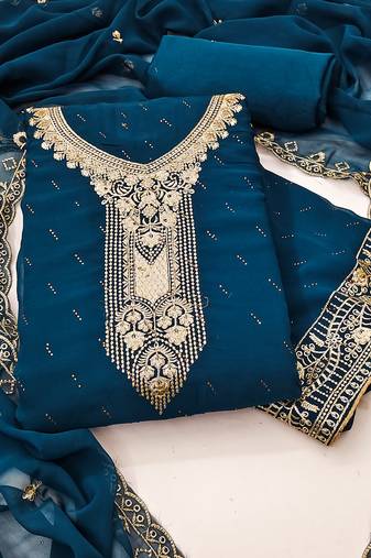 Women's blue unstitched embroiderd georgette dress material 