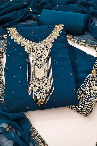 Women's blue unstitched embroiderd georgette dress material 